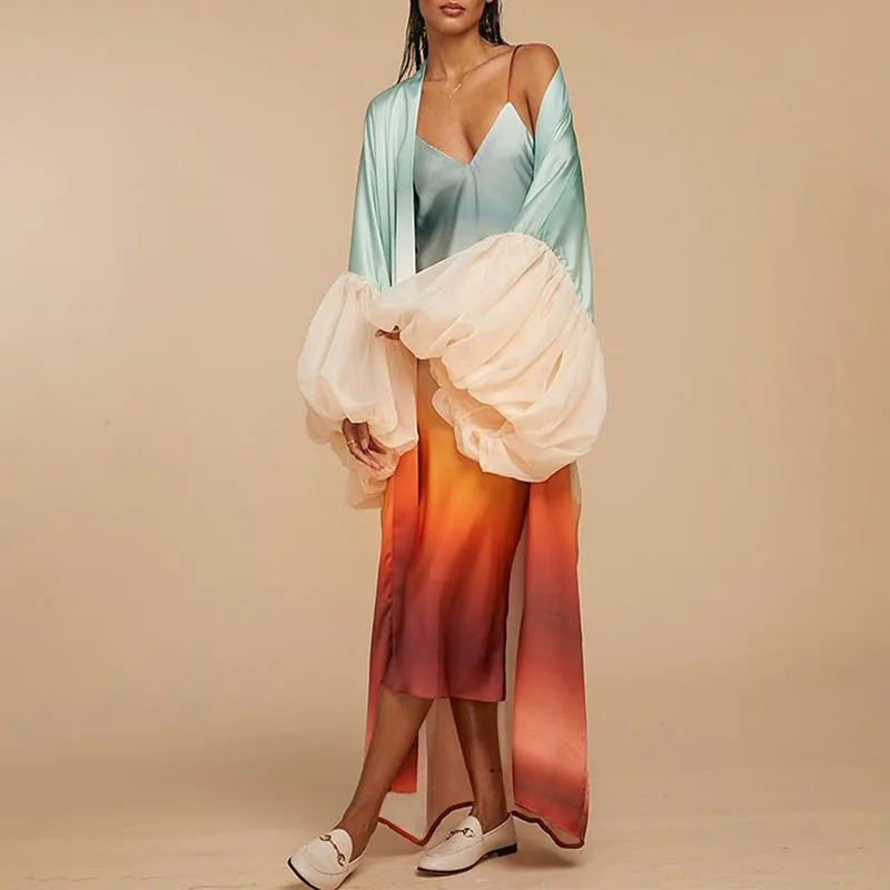 Vintage Printed Lace-up Long Cardigan Women Elegant V Neck Loose Coat Outwear Autumn Long Sleeve Spliced Vacation Beach Cover-up