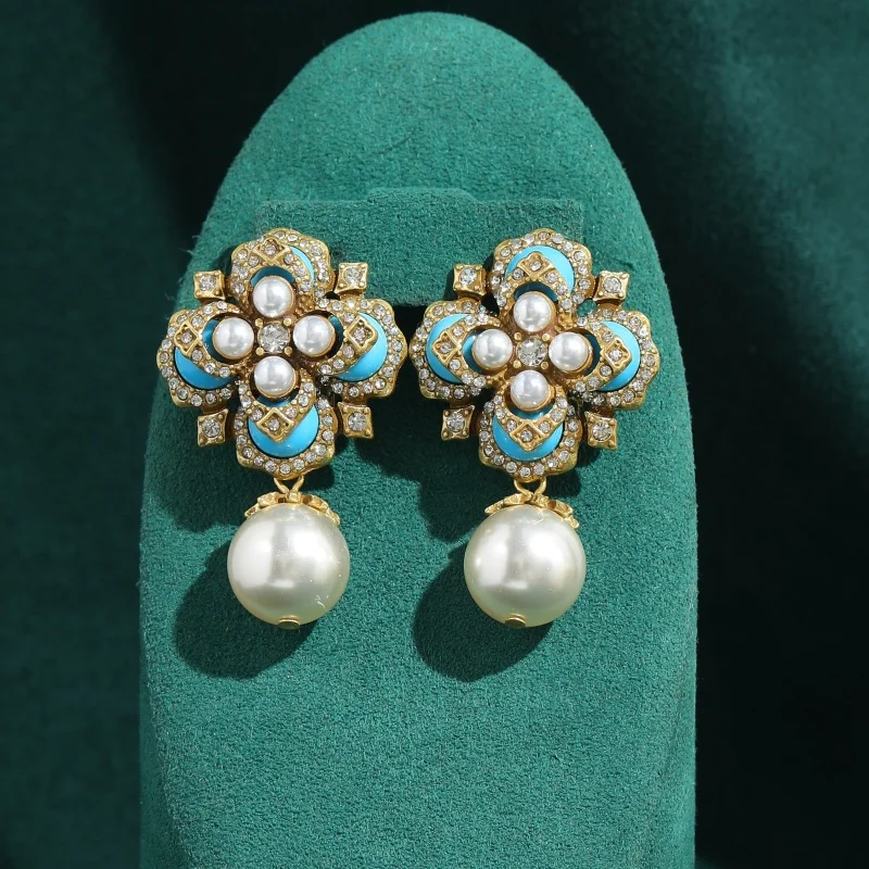 Vintage Exquisite Blue Pearl Flower Drop Earrings Palace Style High Grade Retro Turquoise For Women Quality Jewelry Gifts New