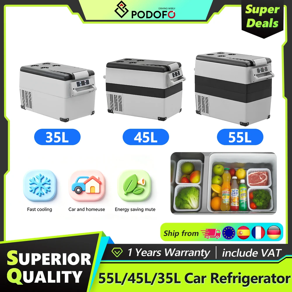 Podofo 35L/45L/55L Auto-Kühlschrank Mini-Kühlschrank Gefrierschrank Zubehör Fahrzeug-Gefrierschrank Tragbarer Kompressor-Kühler 12/24V DC 110-240V Kühlbox für Camping und Reisen