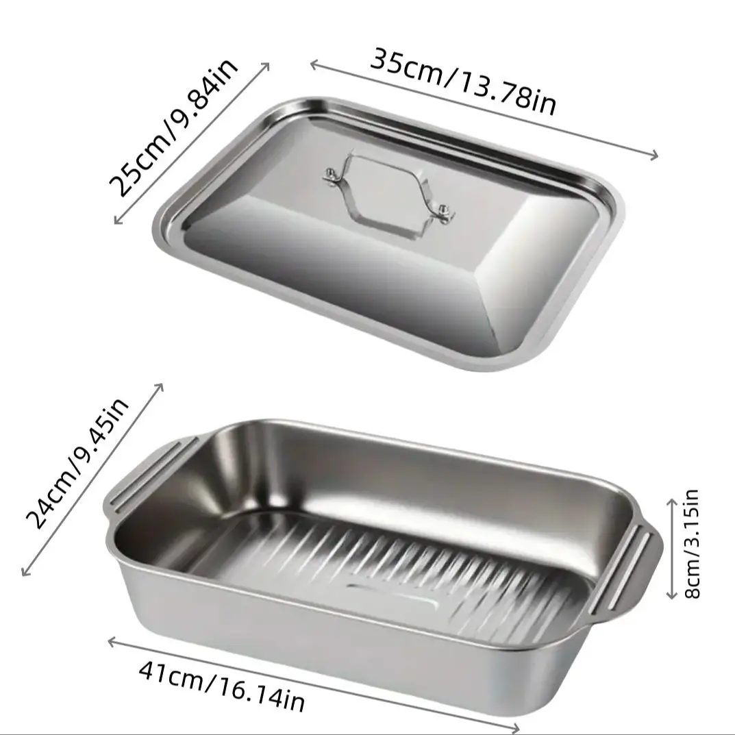 3-Piece Extra Large Deep Stainless Steel Baking Pan Thickened with Handle Rectangular Tray with Lid 16x9.5 Inch Non-Stick Bottom