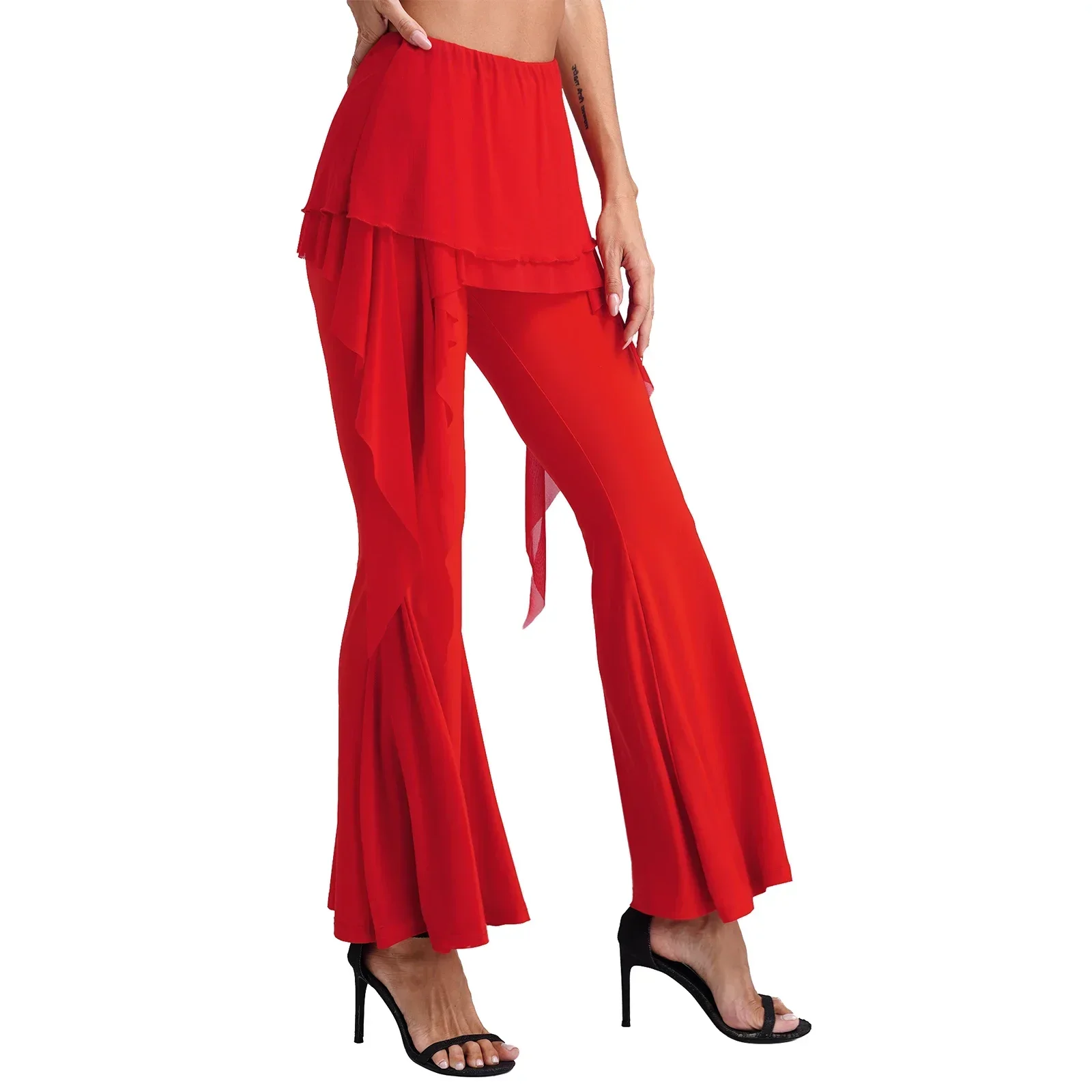 Womens Latin Ballroom Dance Performance Pantskirt Drawstring Mesh Skirted Flared Pants Elastic Waistband Bell-Bottomed Trousers