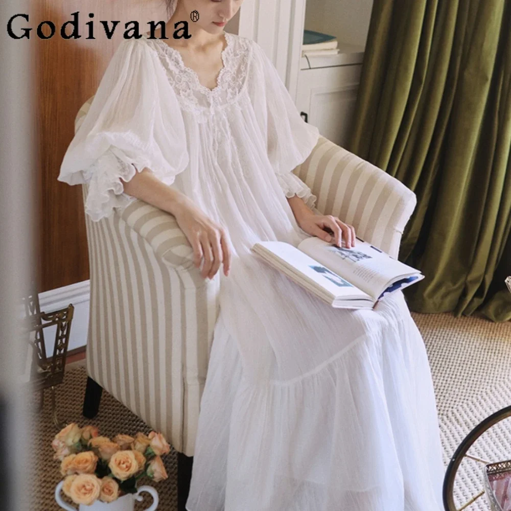 

Cotton Court Style Pajamas Long Sleeve Sweet Princess Nightgowns Women Home Wear Elegant Sleepwear Outside