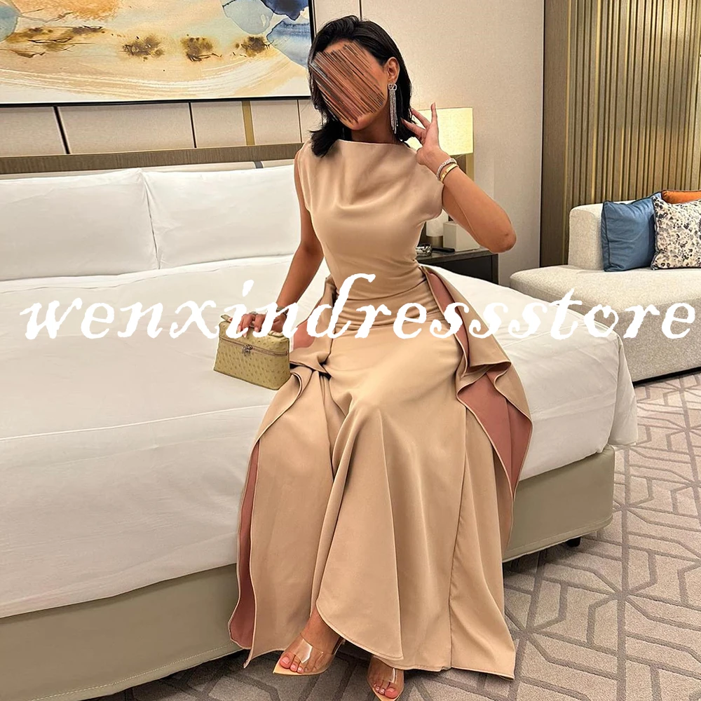 Women Saudi Arabia Modern Straight Floor length High Neckline Chiffon Sleeveless Evening Dress Prom Gowns Pleats Asymmetrical