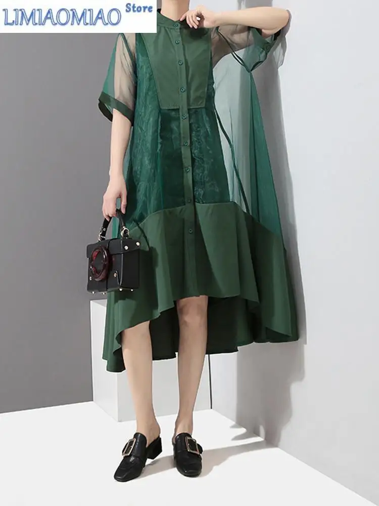 Women Green Organza Irregular Shirt Dress New Stand Collar Half Sleeve Loose Fit Fashion Tide Spring Summer