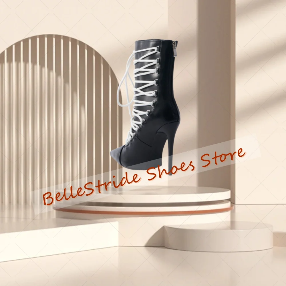 Black Back Zipper Lace up Boots Matte Leather Women Shoes Stilettos High Heels Party Banquet Dating 2025 Zapatos Para Mujere