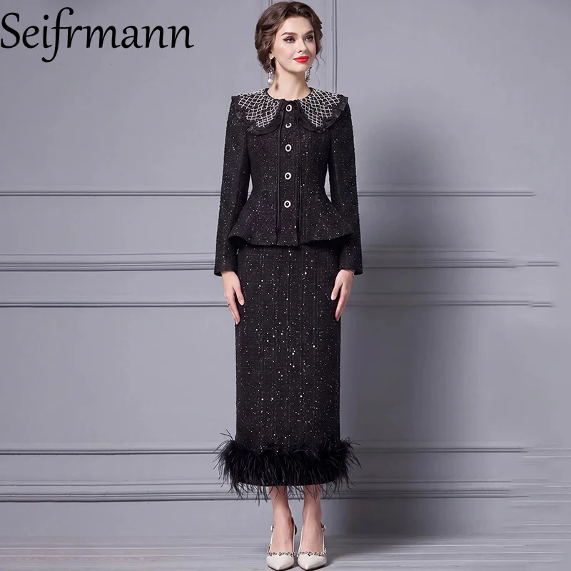 Seifrmann Solid Color Sequin Two-piece Lapel Long Sleeve Beaded Top Hip Cover Skirt Set 2026 Autumn Women's New Style