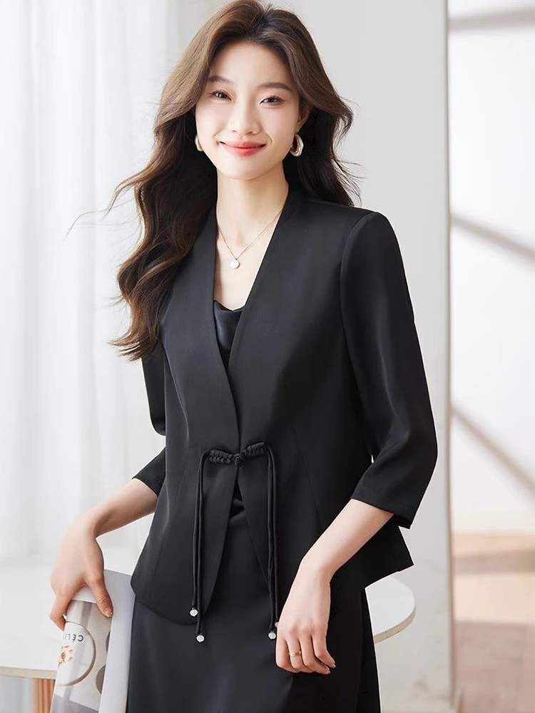 Smooth Satin V-neck 3/4 Sleeve Suit Jackets Slim Frog New Chinese Style Blazer Chaquetas Coats Women Elegant Vintage Vestes