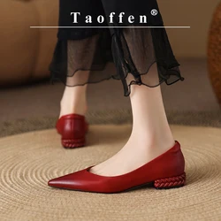 Taoffen Casual Women's Flat Shoes Genuine Leather Pointed Toe Summer Shoes Comfortable Slip On Footwear Red Office Lady Pumps