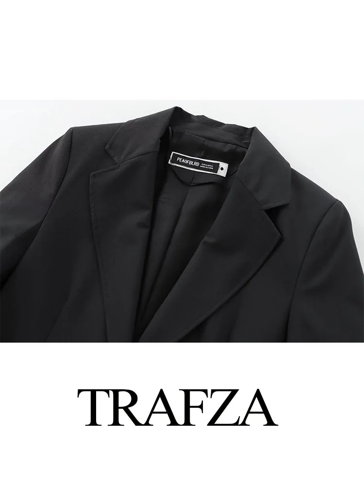 Trafza-女性用ターンダウンカラースーツ、長袖、ポケット、シングルブレスト、ミッドウエストボタン、ジッパーパンツ、トレンディな黒、秋