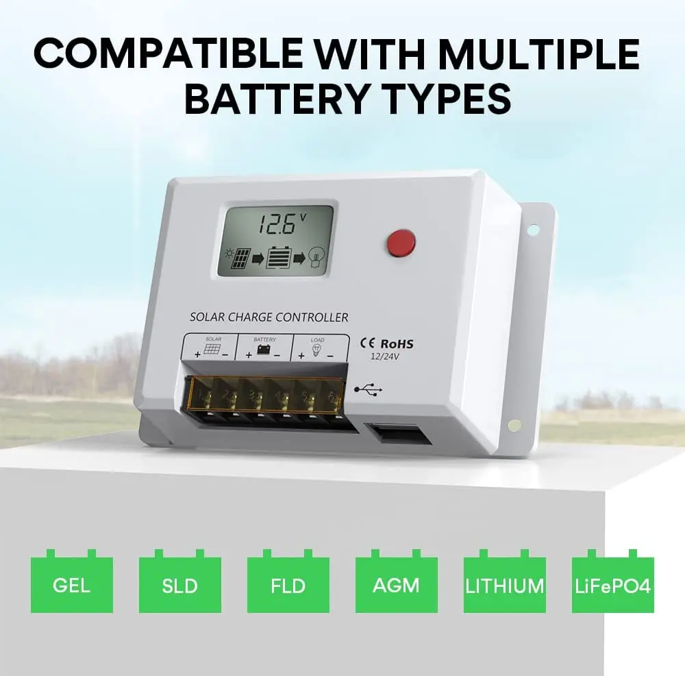 

12V/24V PWM solar controller with multiple load control modes is applicable to AGM,gel, flashing and lithium battery,RV and ship