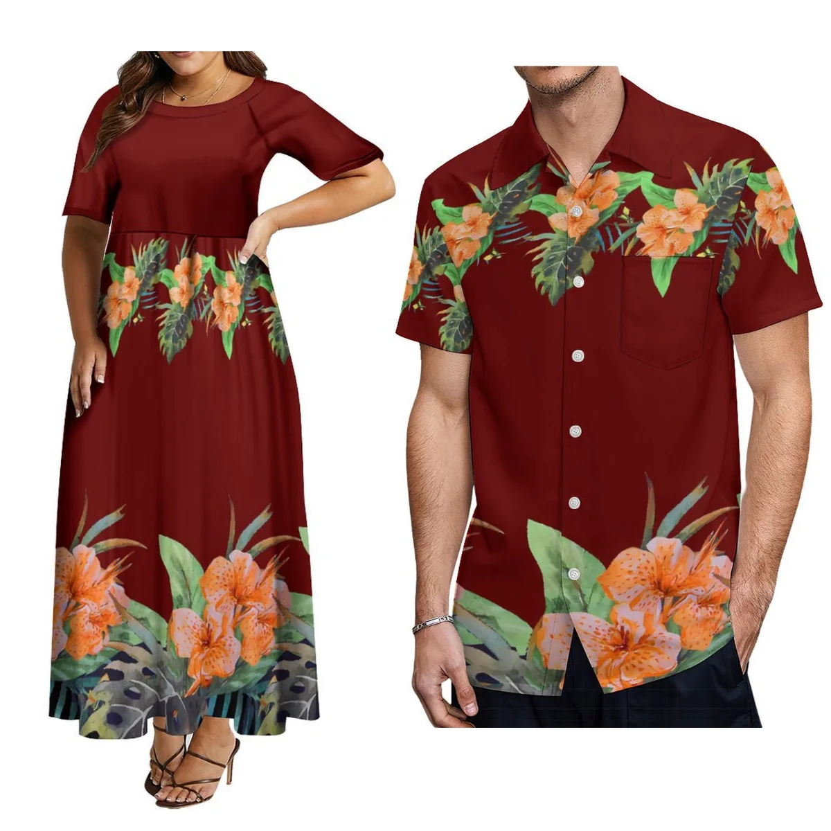 Couples Set Hawaiian Floral Themed Women'S Crew Neck Dress And Men'S Aloha Shirt Polynesian Islands Custom Hd Pattern