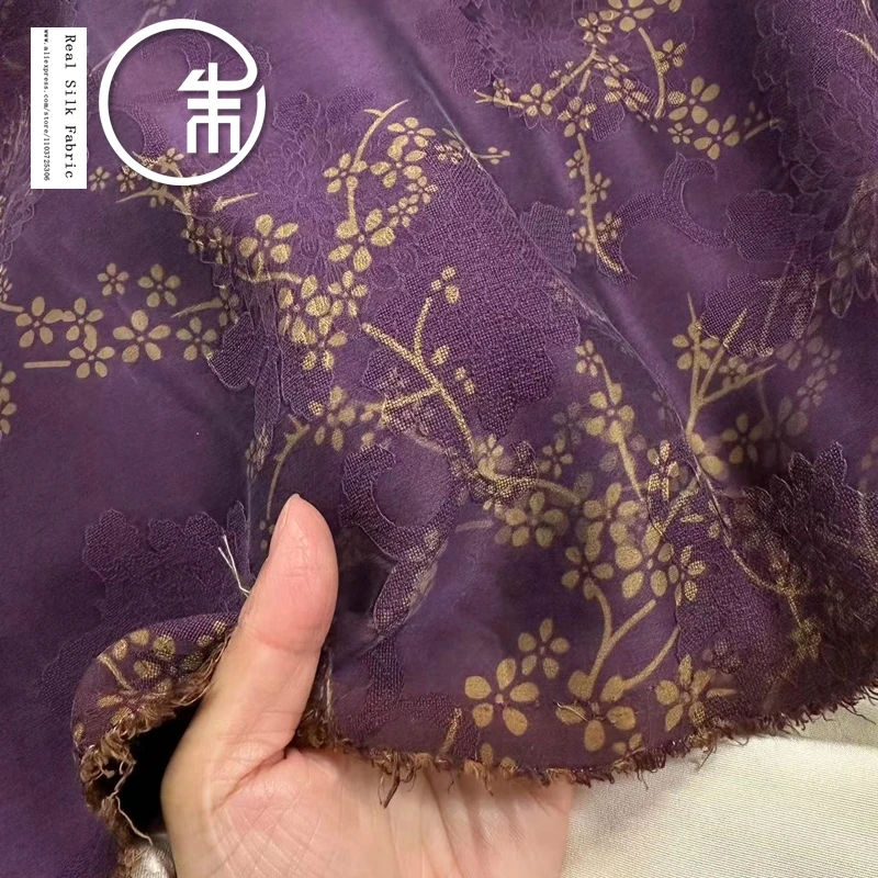 High Quality Purple Background Plum Blossom Fragrant Cloud Yarn Silk Fabric Designer Cloth Real Silk Cheongsam Dress 30momme