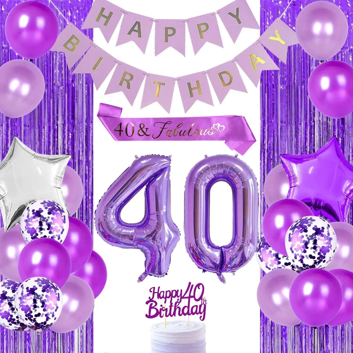 

Purple 40th Birthday Party Decorations for Women with Purple Number 40 Balloon Happy 40th Birthday Cake Topper 40 Fabulous Sash