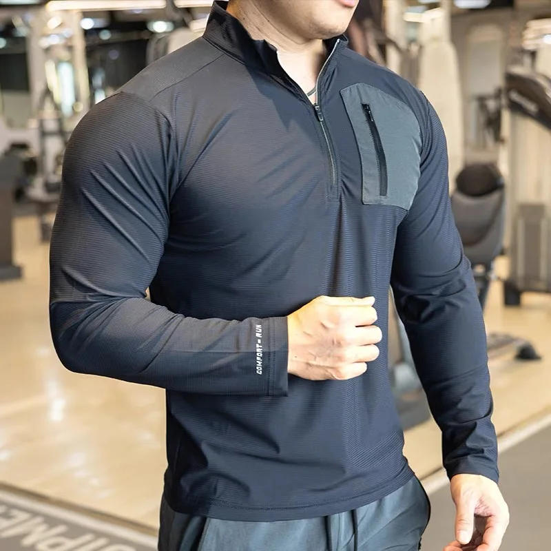 Langarm schnell trocknen im Freien Training Laufen T-Shirts Fitness atmungsaktive Turnhallen Männer Kleidung Jogger Reiß verschluss Tasche Sport hemden