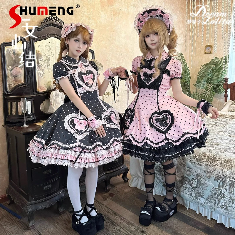 

Original Japanese Cute Girls Sweet Lolita Polka Dot Dress OP Women's Slim Fit Cute Bow Lace Birthday Party Dress Princess Dress