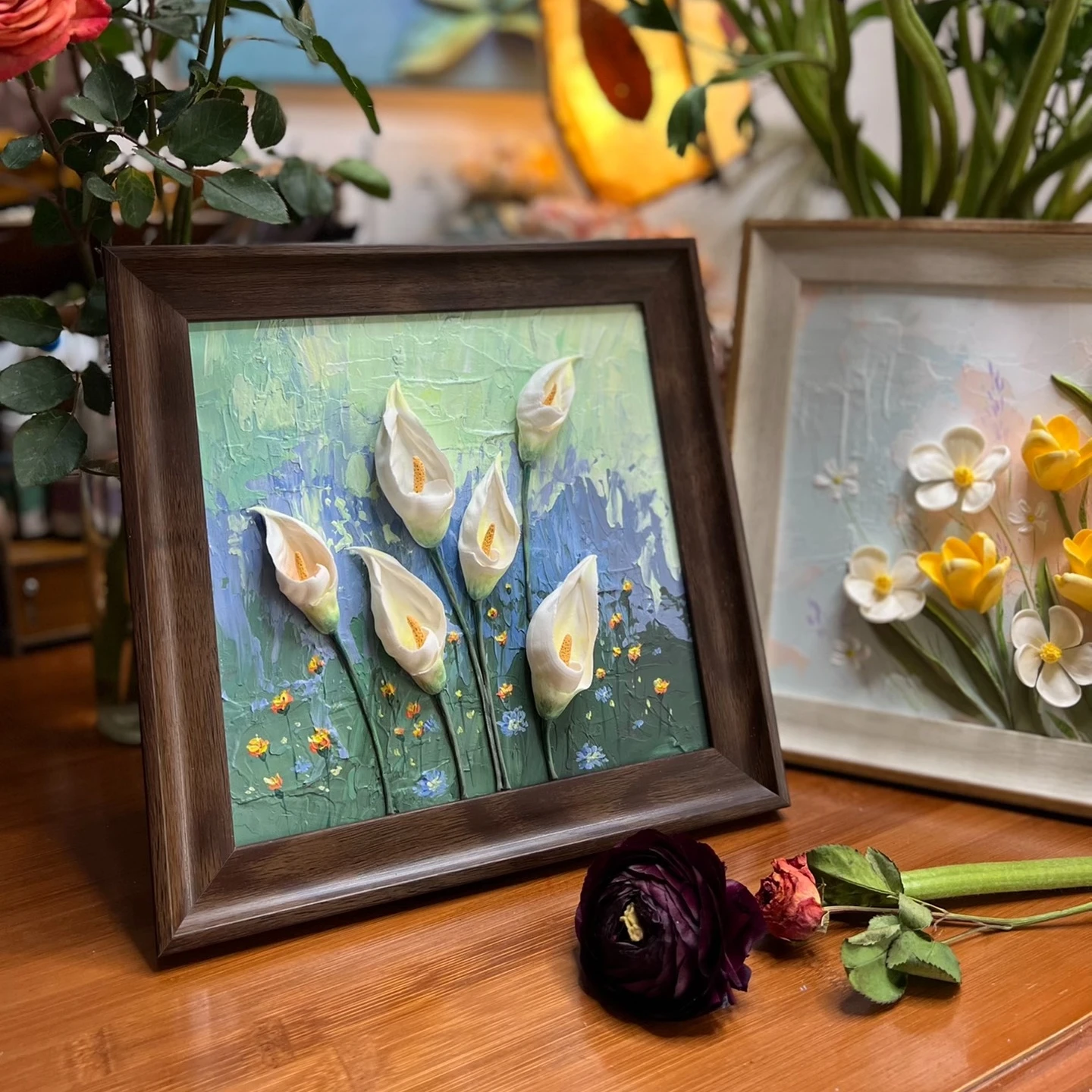

0069 Handmade Clay Flower Embossed Wall Art Oil Painting Style Acrylic Decoration 3D Textured Floral Painting Unique Home Gift