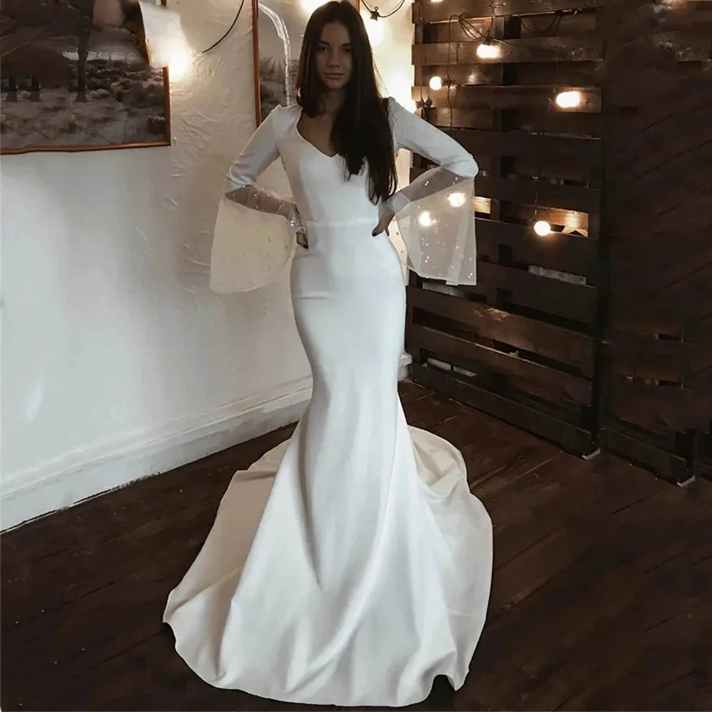 Customized Simple Silky Satin Mermaid Wedding Dress V Neck Sheer Full Long Sleeve Hollow Backless Slim Fit Elegant Sweep Train