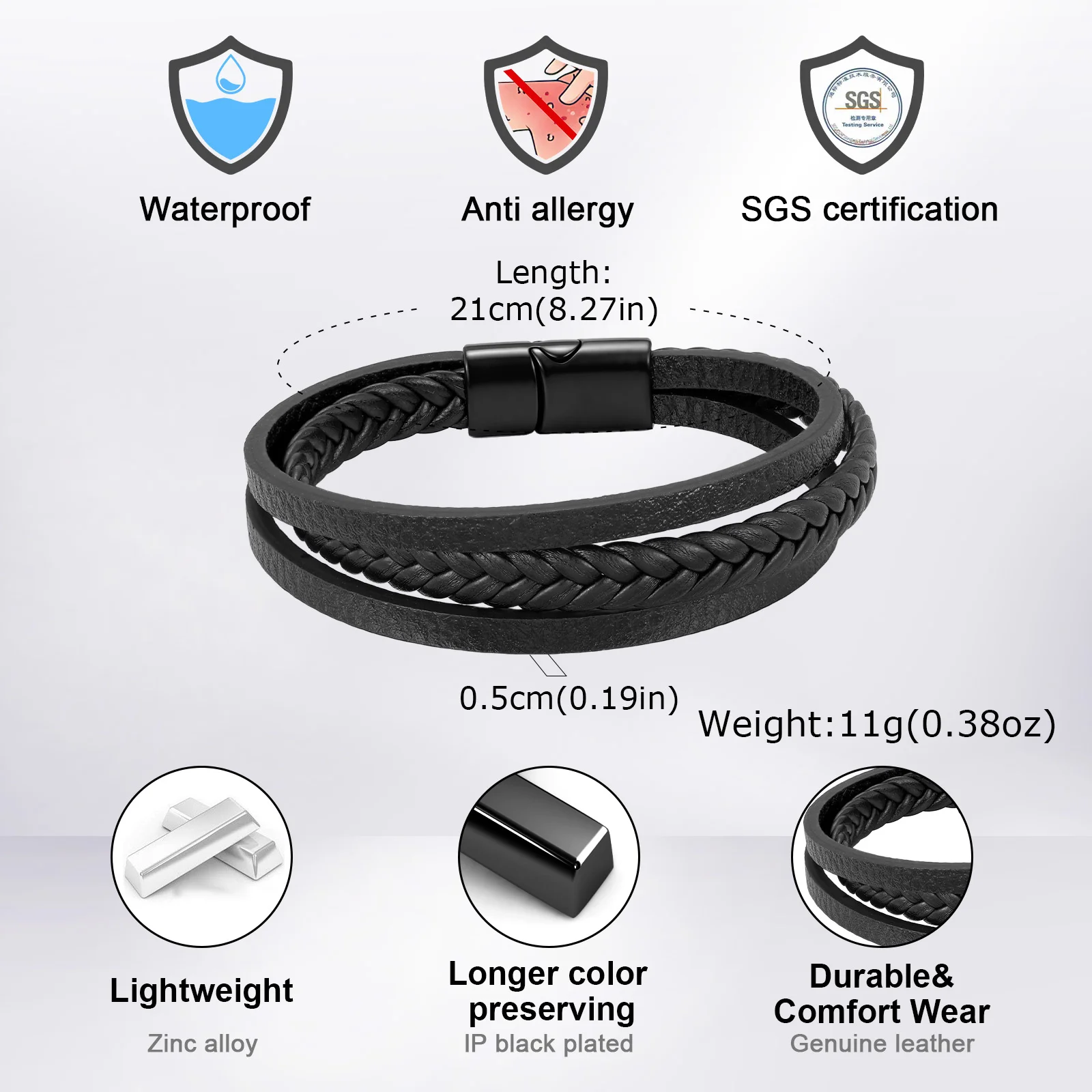Vnox Herren Lederarmband, mehrschichtig geflochten, mit Magnetverschluss, Vintage-Punk-Stil, handgefertigter Modeschmuck, Geschenk für den täglichen Gebrauch. – Detail 7
