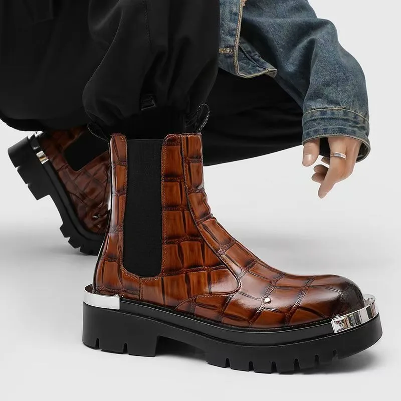 

Crocodile Pattern Men's Casual Black High Top Shoes, High-quality Men's Sleeve Short Brown Ankle Boots