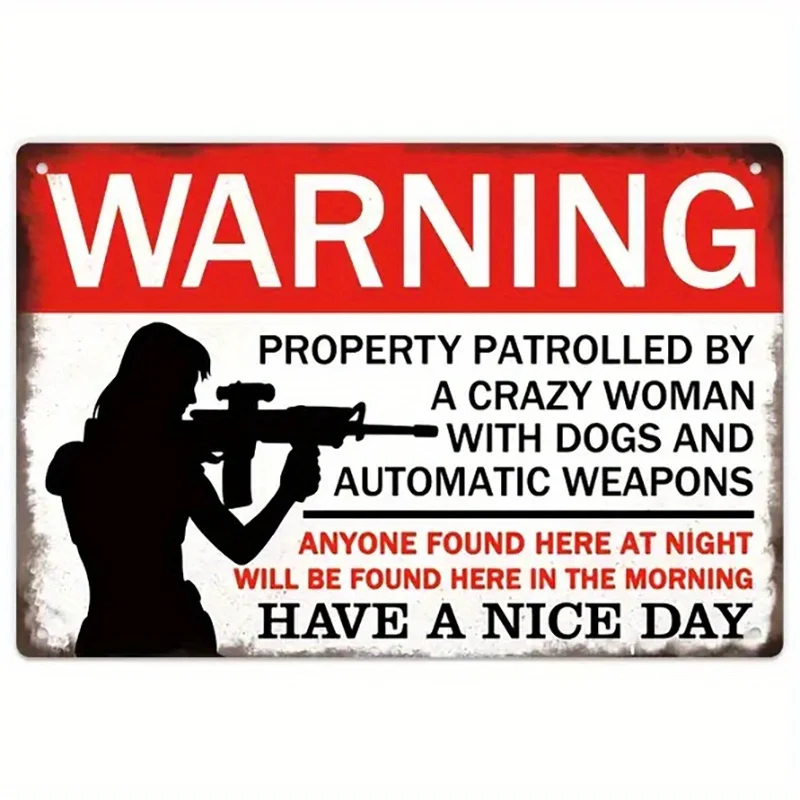 Vintage Funny Warning Metal-like sign - Humorous Security Decoration with Woman & Guns Graphic - Red/Black/White Color Scheme -