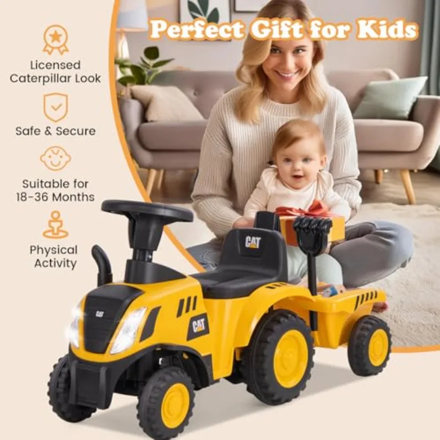 Licencjonowany traktor Caterpillar do jazdy, 2 w 1: pojazd do jazdy i wózek do pchania z odłączanym przyczepką, światła, klakson, grabie, łopata, napęd na stopę.