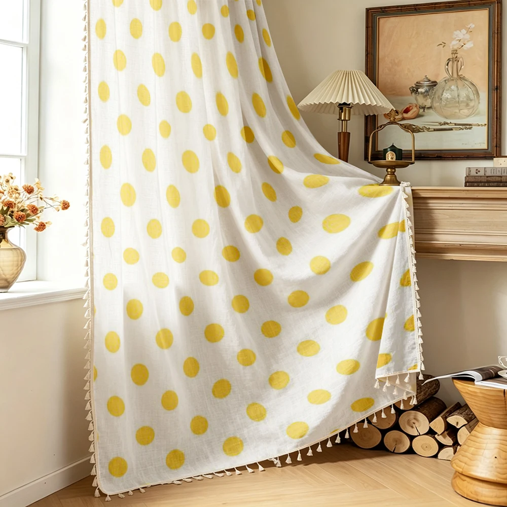 1PC Minimalist Tassel Sheer Curtains, Yellow Polka Dot, Digital Print, Linen Polyester, Bedroom Living Room, Home Decor