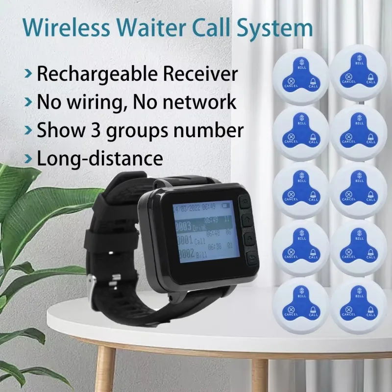 Cercapersone da polso per orologio con sistema di chiamata wireless per ristorante di alta qualità con campanello di vibrazione per cicalino da tavolo impermeabile da 10 pezzi a 3 tasti