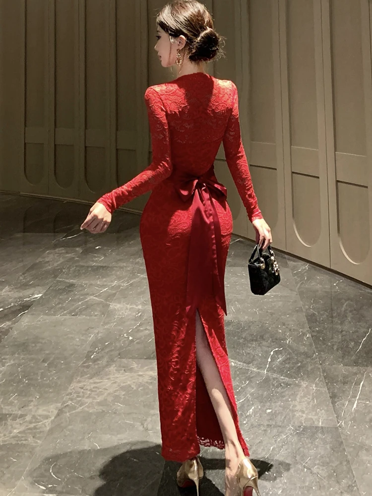 الخريف الشتاء الصلبة الدانتيل الجاكار ساحة طوق فستان طويل المرأة أنيقة القوس ضمادة فستان 2025 الكورية خمر فستان حفلة موسيقية فاخرة #5