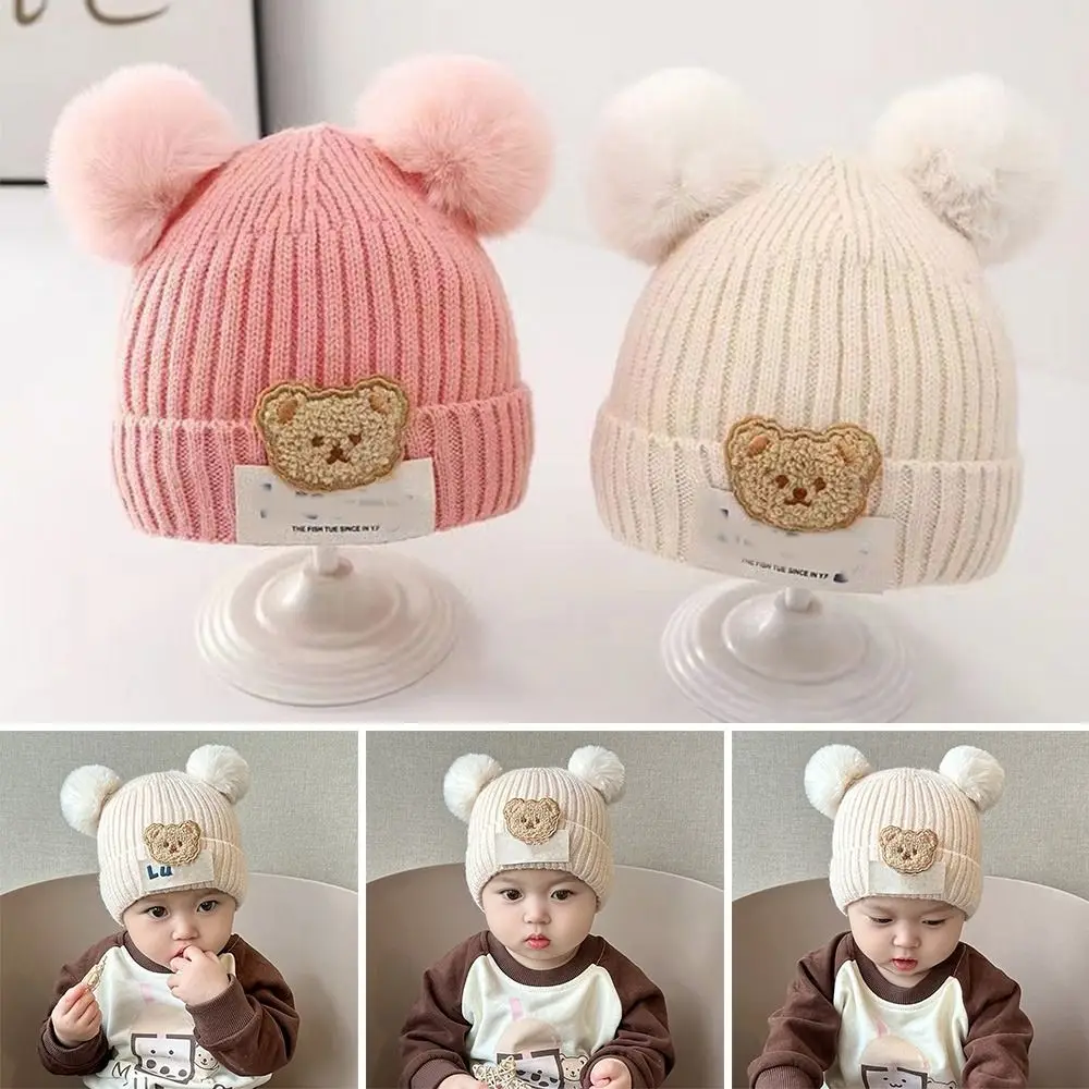 0-3Year Windproof Solid Color Baby Knitted Hat Plush Ball Cute Children Warm Cap Cartoon Soft Winter Hat Boys Girls