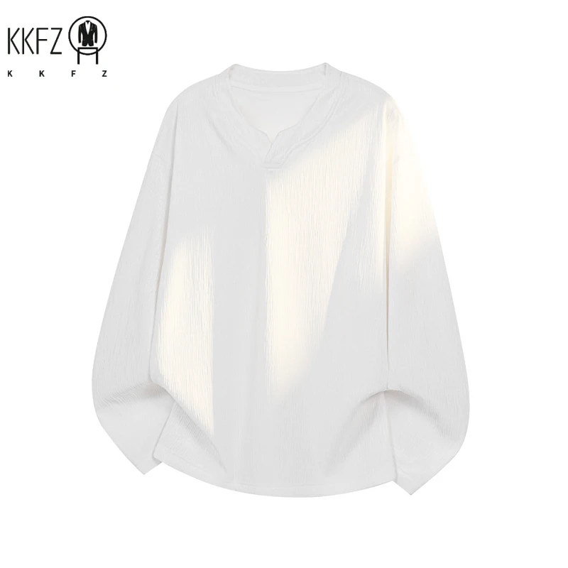 Men Breathable Crinkle Textured Long Sleeve Top Notched V Neck Curved Hem Oversized Fit For Multi Occasion Dressing