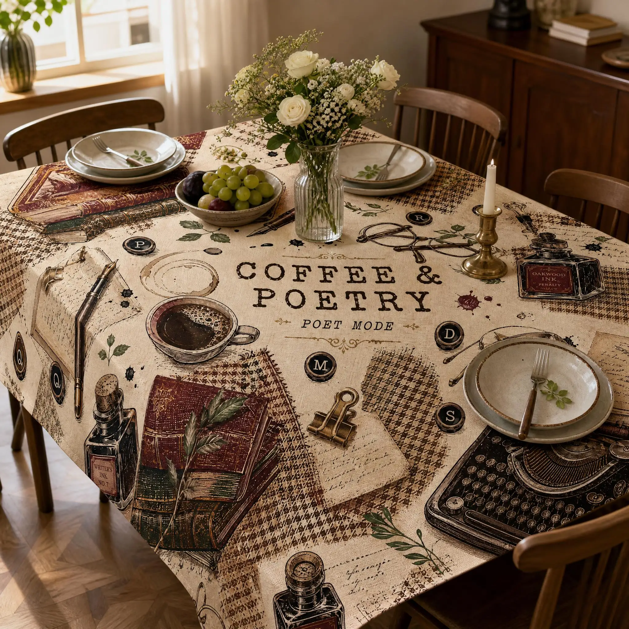 Vintage Book Coffee Typewriter Print Non-Waterproof Tablecloth Wrinkle Resistant Rectangular Literary Dining Table Cover