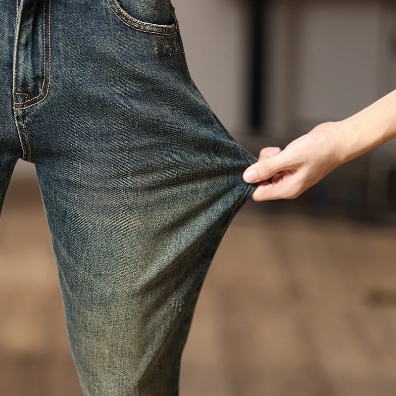 Newly Vintage Fashion Men Jeans High Quality Retro Washed Blue Stretch Slim Fit Ripped Jeans Men Embroidery Designer Denim Pants