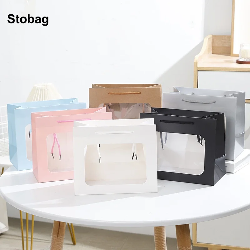 

StoBag 12pcs Kraft paper Gift Tote Box with Window Packaging for Cake Candy Storage Baking Handbag Pouch Birthday Party Favor