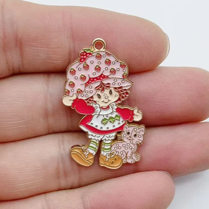 10Pcs Mixed Retro Cartoon Girl Enamel Charms Strawberry Rainbow Metal Pendant DIY Handmade Jewelry Keychain Craft Supplies