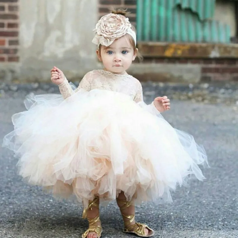 Champagne Tulle Newborn Baby Girls Baptism Dress 1st Birthday Newborn Princess Christening Gown Outfit Baby Girl Party Vestidos