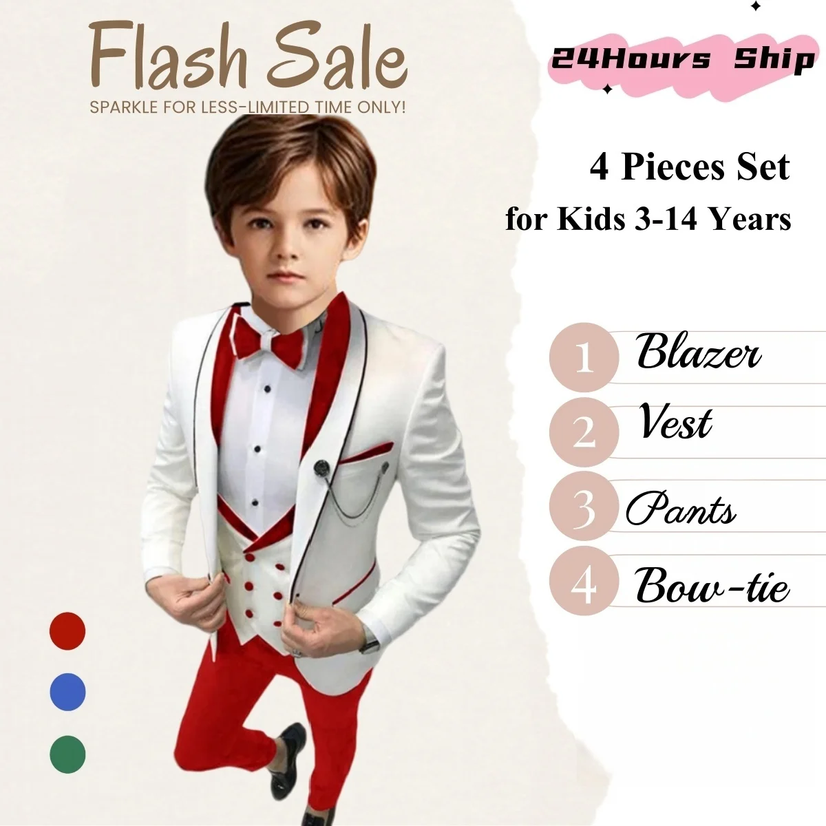

Children Suit Set for Formal Occasion, 3-14 Years Kids Tuxedo Pants, Back-to-School Suits, Blazer Pants Vest Bowtie 24H Ship