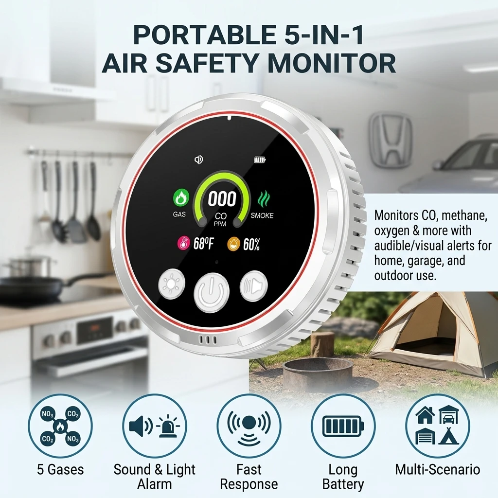 Camping Gas Detector 5-in-1 Multi-Gas Monitor Portable Carbon Monoxide Alarm for Home Kitchen Basement Safety Essentials