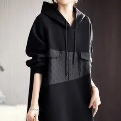 Korean Solid Color Straight Dresses Female Clothing Casual Hooded Spring Autumn Basic Stylish Patchwork Drawstring Midi Dress