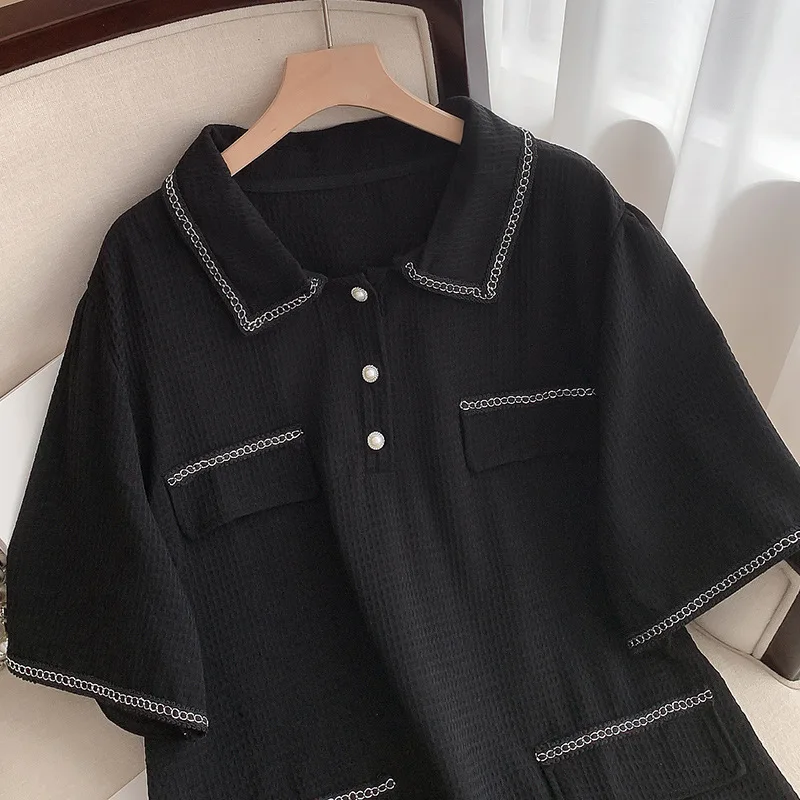 160Kg Plus Size Women\'s Bust 160 Summer Loose Small Fragrant Short Sleeve Lapel Dress Black 6XL 7XL 8XL 9XL 10XL