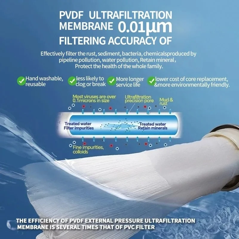 전체 주택 고유량 UF 1500L 정수기 0.01μm 스테인리스 스틸 미네랄 필터 (세척 및 재사용 가능한 PVDF 멤브레인 포함)