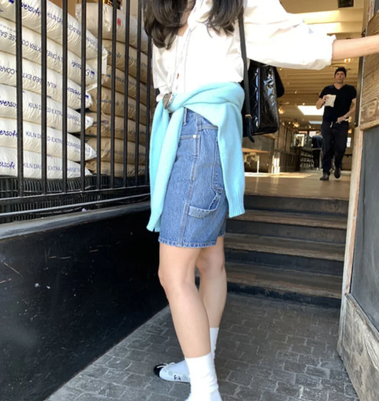 

Loose Fit Blue Denim orts Casual Sle Workwear Tee-quarter Length High Waist Jeans for Women Summer Season Faion Trend