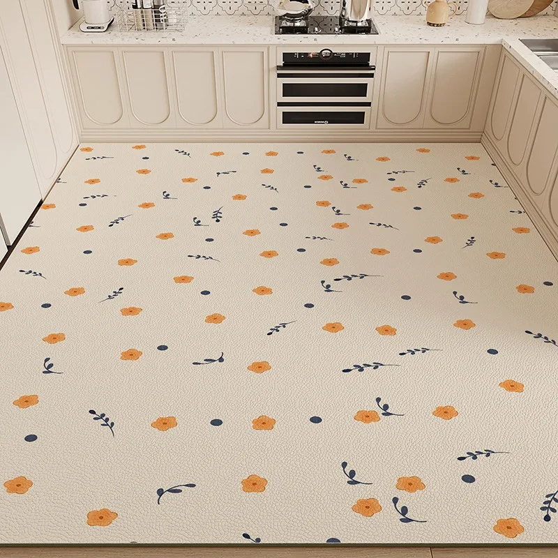 Kitchen Carpet Flower Plant Pattern Non-slip Waterproof Oil-proof Floor Mat Pvc Leather Foot Mats Large Area Home Decoration Rug