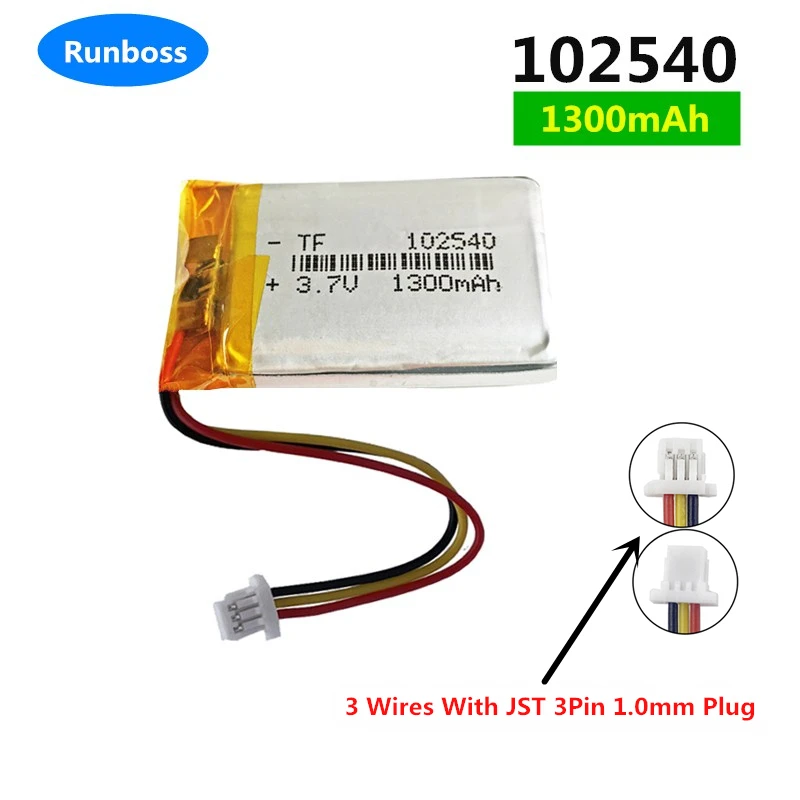 

3.7V 1300mAh 4.81Wh Li-Polymer Li Battery 102540 Thermistor 3 Wires JST 3Pin 1.0mm Plug For Driving Recorder GPS DashCam Satnav