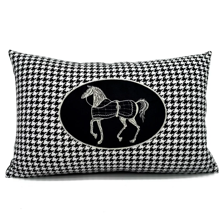 Light luxury black white houndstooth embroidery horse pillow cover sofa cushion cover pillowcase backrest