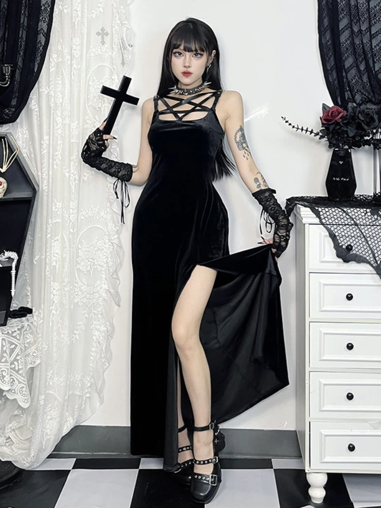 Mall Goth Velvet Dress Women Fairycore Grunge Elegant Punk Pentagram Hollow Out Sleeveless Halter Split Dress Partywear