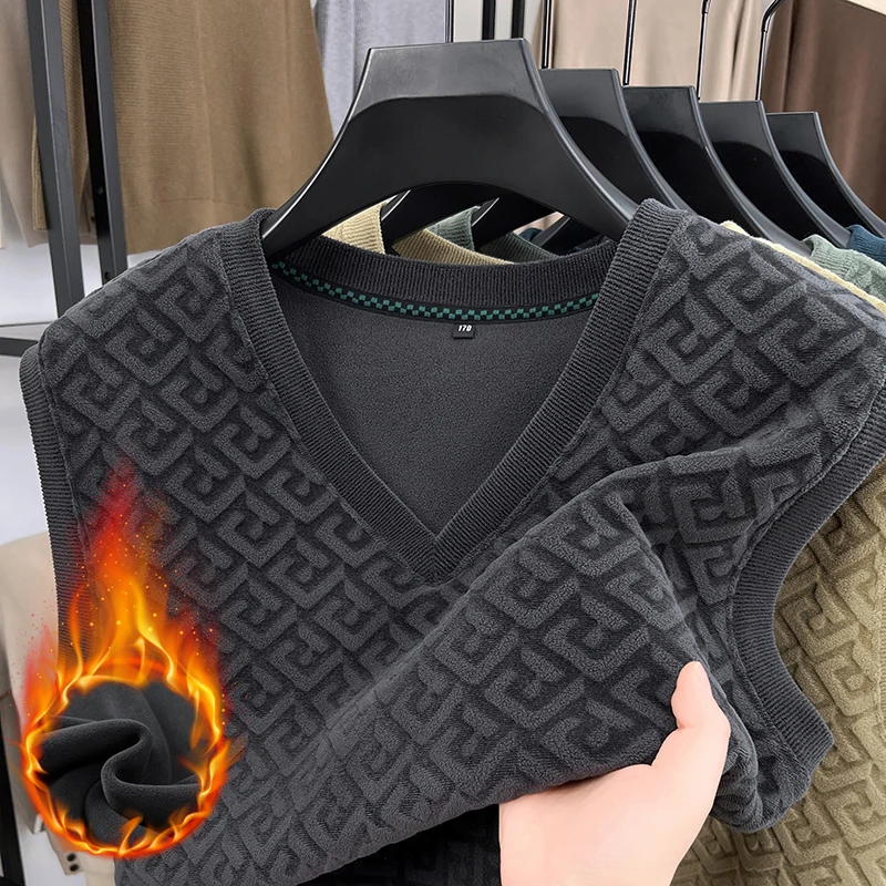 เกาหลีแฟชั่นผู้ชายหนา Jacquard รูปแบบเสื้อกันหนาวหรูหรา Pullover 2024 ฤดูใบไม้ร่วงฤดูหนาวแขนกุดชายเสื้อกั๊กจัมเปอร์