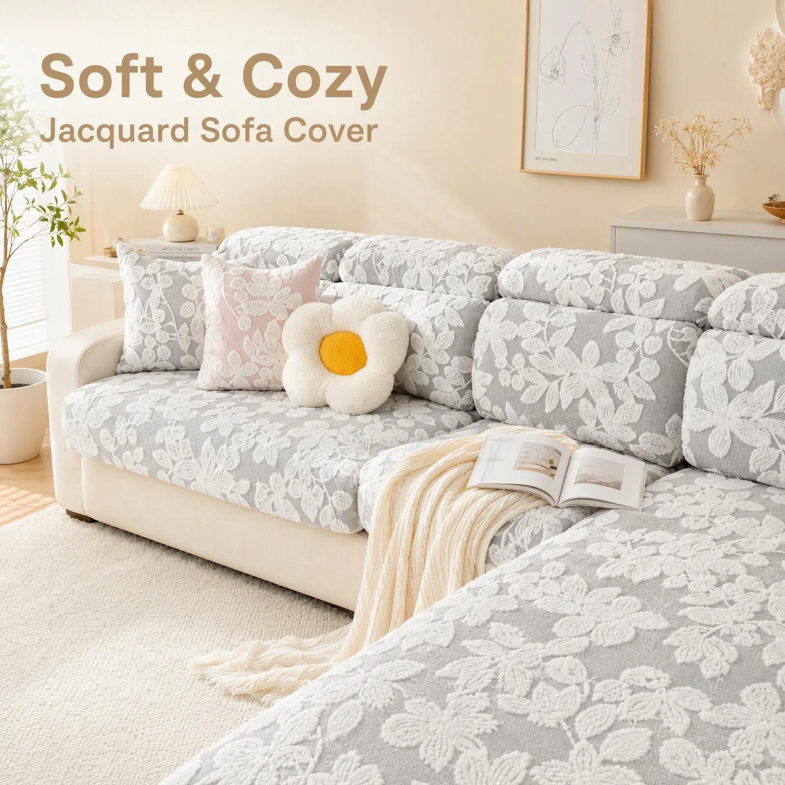Soft Warm Tuffed Fleece Leaves Jacquard Stretchy Sofa Cover, for Living Room Couch Universal Elastic Fit Seat Cover Washable