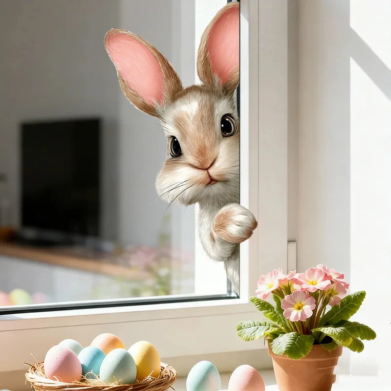 3D Peeking Bunny Easter Window Stickers – Static, Removable, Adhesive-Free Home Decor & Holiday Decor