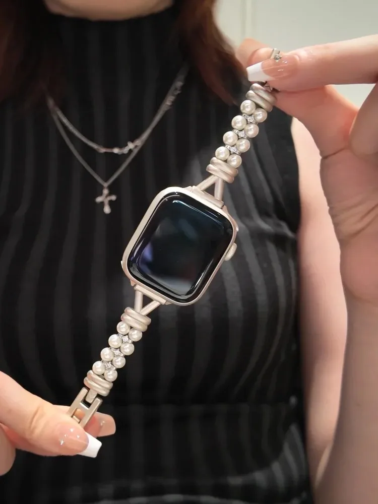 Compatible with iWatch strap 38mm 40mm 41mm 42mm 44mm 45mm 49mm pearl chain fashion strap