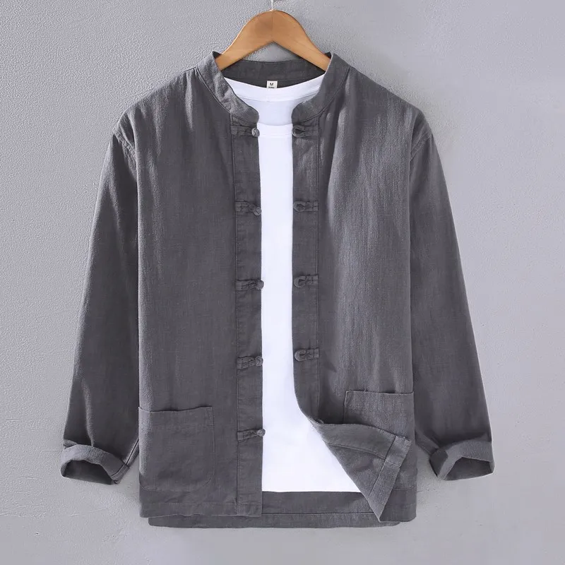 

Мужская рубашка в китайском стиле с длинным рукавом из хлопка и льна, в стиле Тан, весна-лето, винтажная, из льняной ткани, рубашка-куртка, шелковая верхняя одежда
